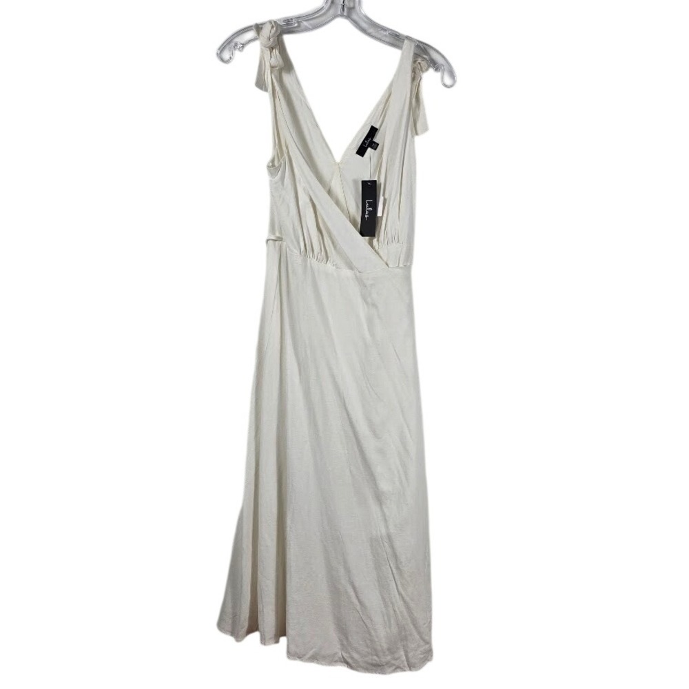 Lulus Midi Dress Womens XS White Linen Blend Tie Strap Wrap Front NWT Summer